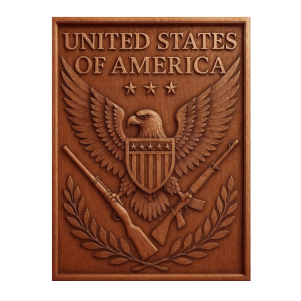 Wood carved United States of America eagle plaque with shield and banner text, designed as a detailed CNC relief panel for patriotic wall art.