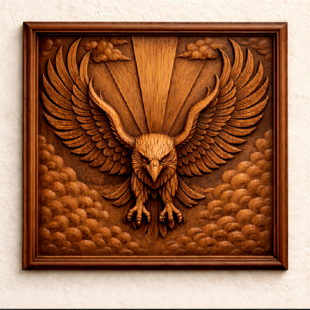 Close up wood carved eagle wings spread relief with layered feather detail and strong depth, optimized for CNC carving and high contrast results.