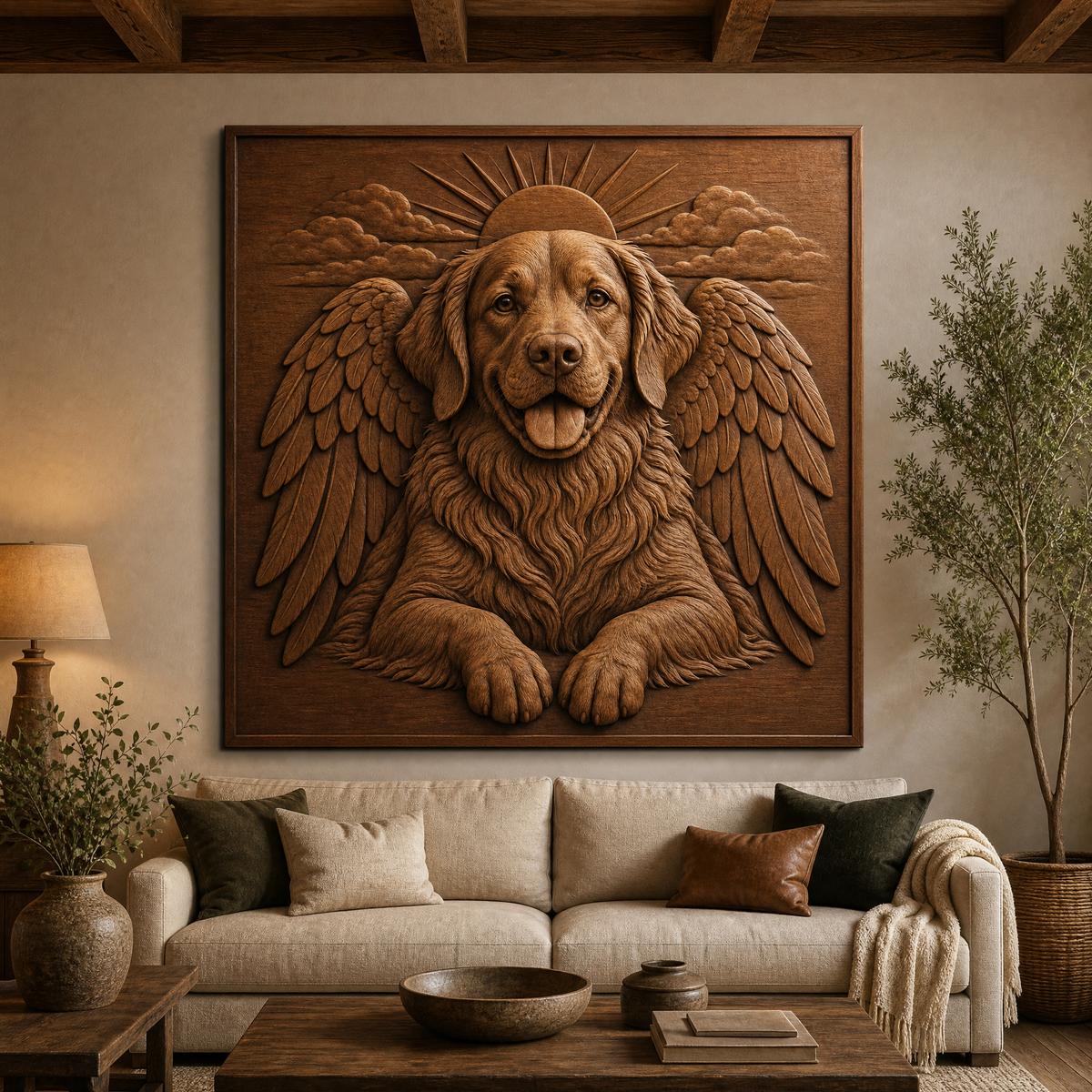 Wooden angel dog CNC relief wall art hangs above a sofa, showing feathered wings, clouds, and a sunburst in a living room.