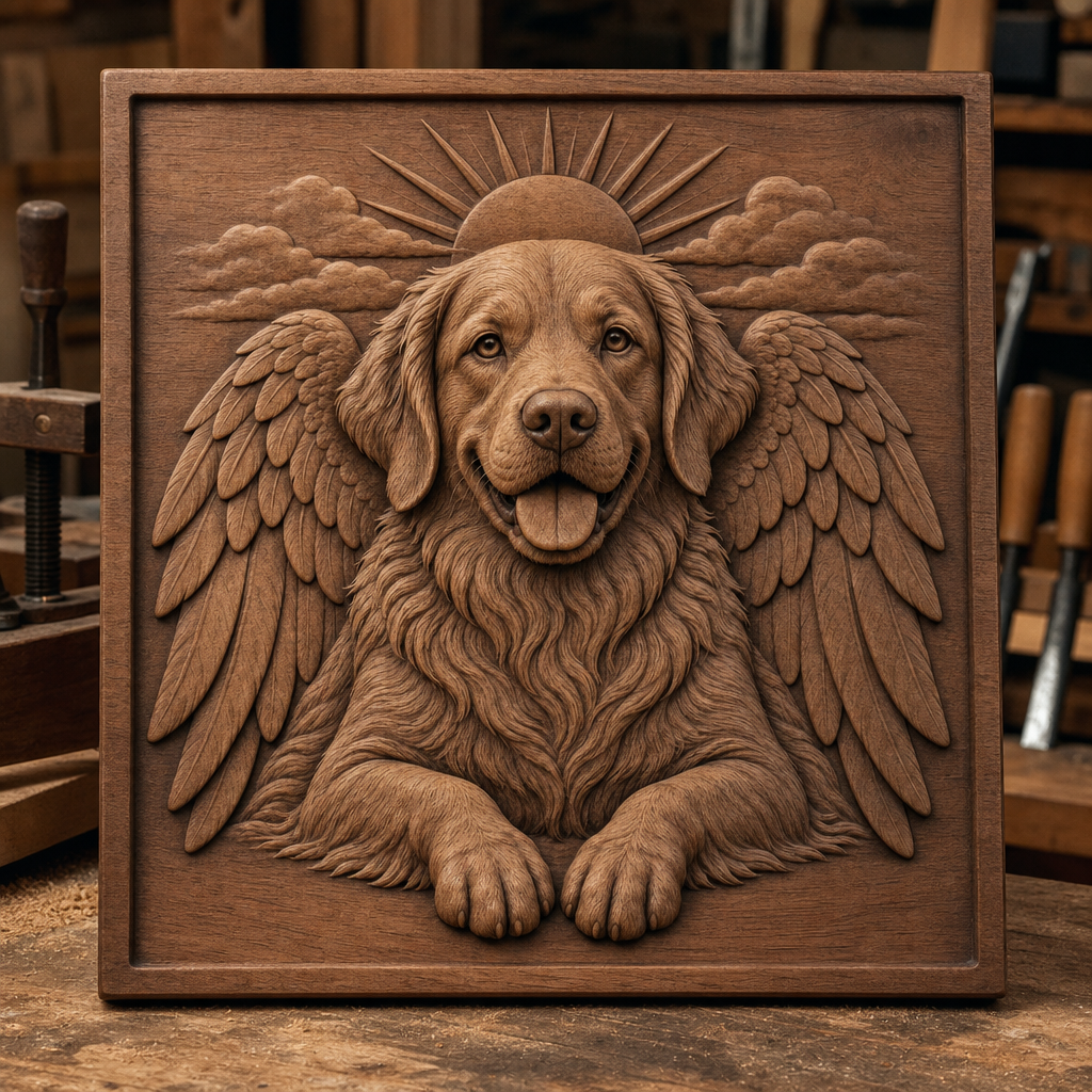 Framed wooden CNC relief of a long-haired angel dog with wings, paws forward, clouds, and a rising sun in a workshop.