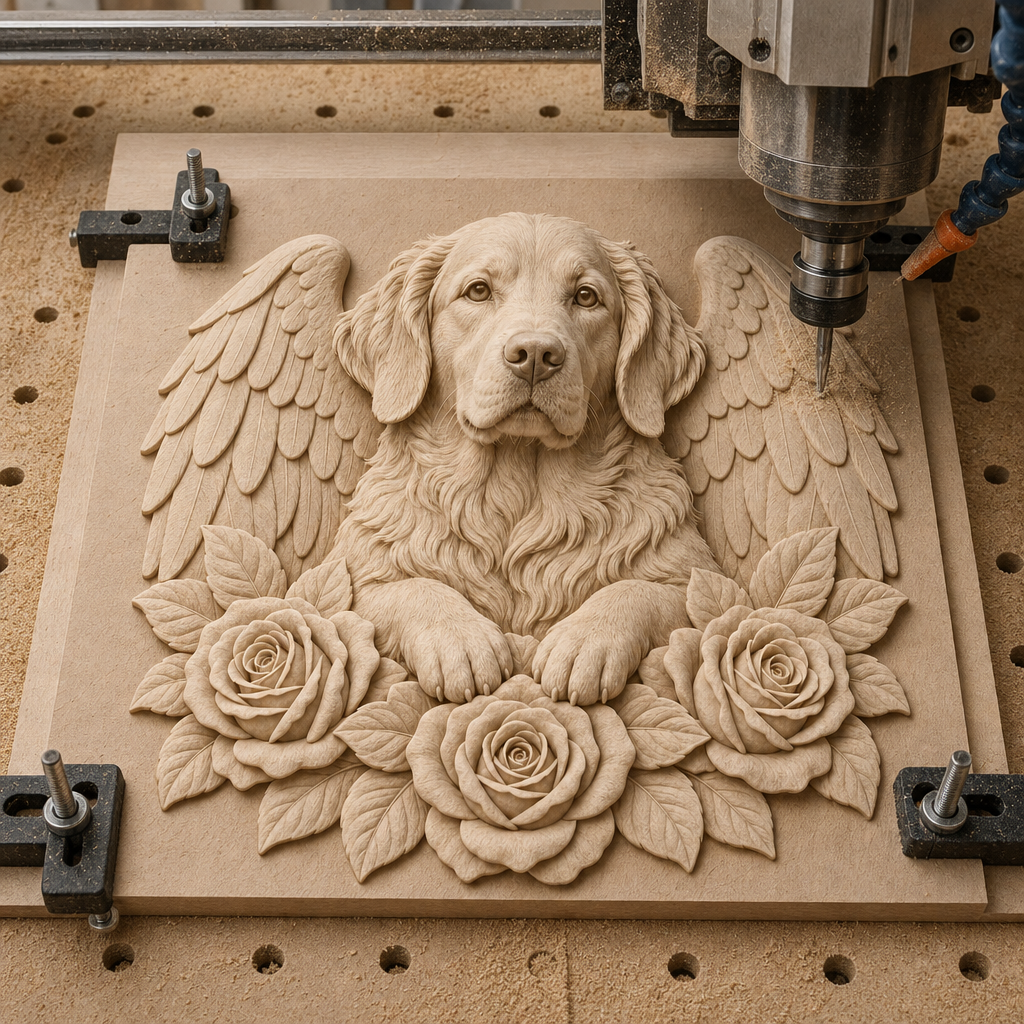 CNC machine cutting a light wood relief of an angel-winged dog with three roses and leafy details.