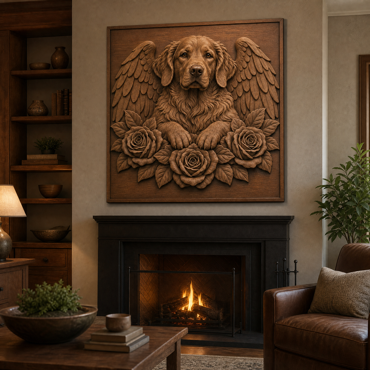 Angel-winged dog and three-rose CNC wood relief mounted above a fireplace in a warm living room.