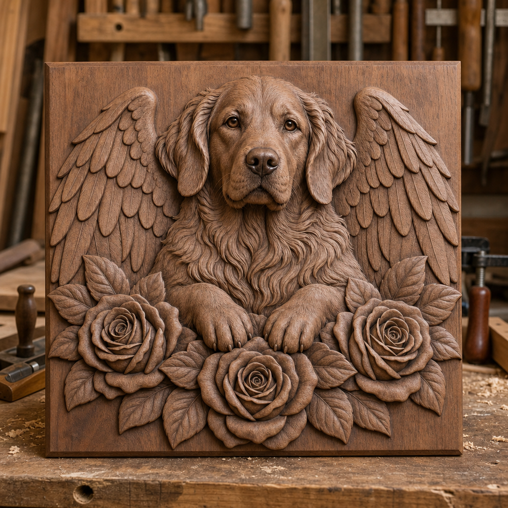 Finished CNC wood relief of an angel-winged dog with three roses and leaves, displayed on a workshop bench.