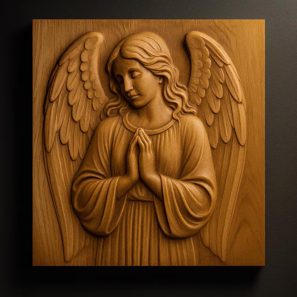 Praying angel relief carved into a wooden panel showing detailed wings, folded hands, and soft facial features, smooth carving depth and balanced composition with natural wood texture, suitable for religious and decorative CNC wall art projects