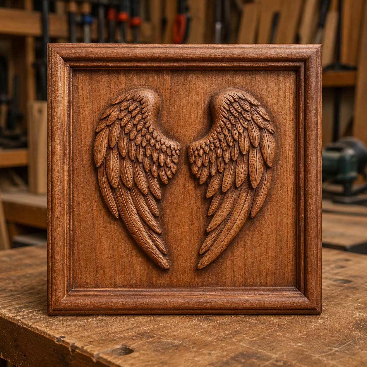 A framed wooden carving of angel wings, crafted from the "Angel Wings CNC Relief STL File | Wing CNC Wall Art" by Form Arcade, sits on a workbench in a woodshop, surrounded by woodworking tools and equipment—a striking and inspiring centerpiece for any woodworking project.