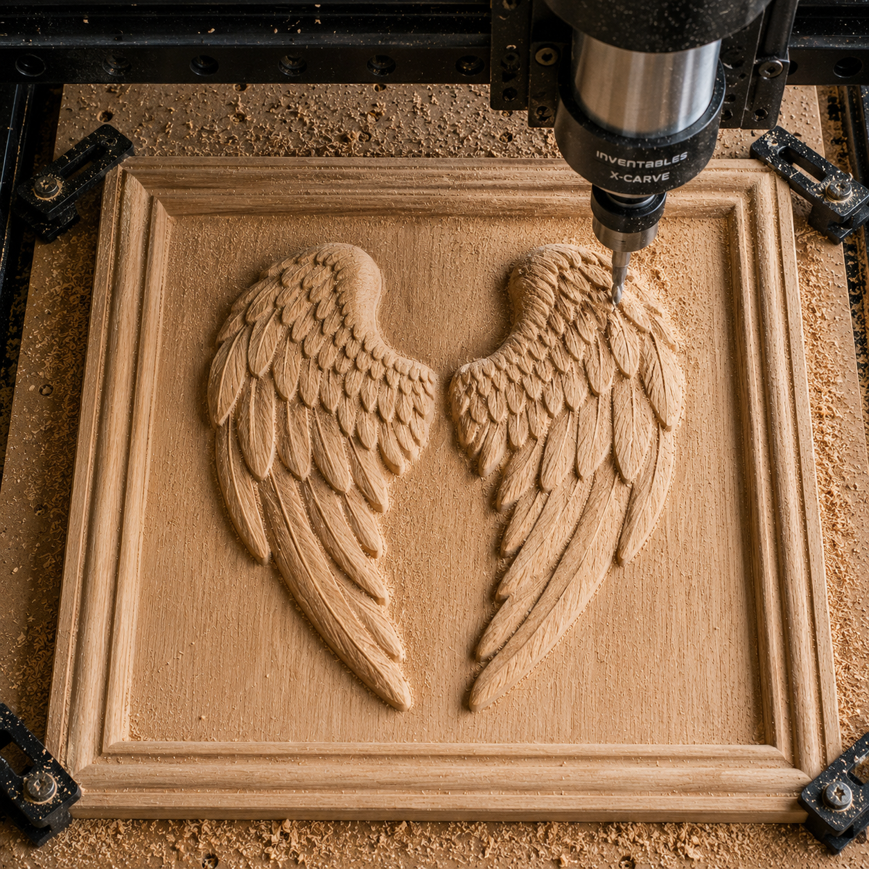 A CNC machine intricately carves angel wings into wood, producing the detailed Angel Wings CNC Relief STL File | Wing CNC Wall Art by Form Arcade—a stunning piece surrounded by wood shavings that serves as ideal inspiration for woodworking projects.