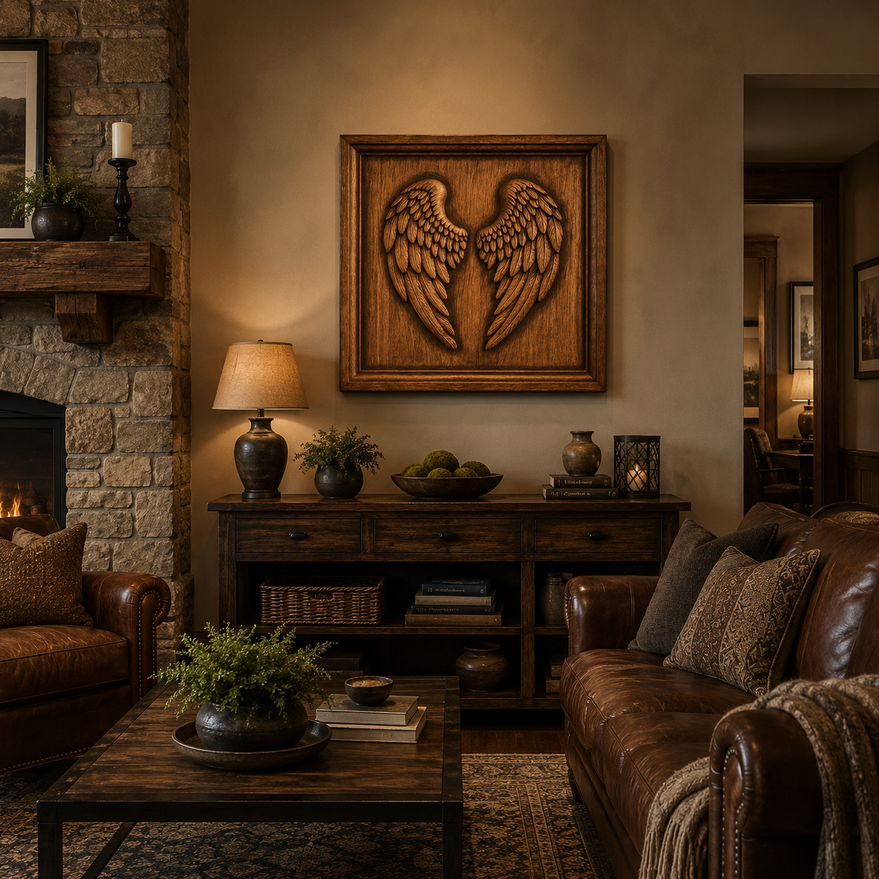 Bright and inviting living room featuring leather sofas, a wooden coffee table, and a stone fireplace. A lamp and a framed "Angel Wings CNC Relief STL File | Wing CNC Wall Art" by Form Arcade gracefully adorn the wall above a rustic sideboard decorated with greenery and books.