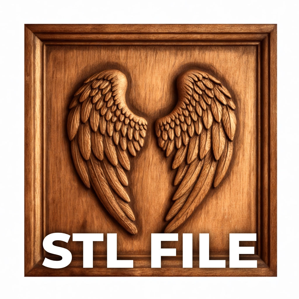 The Angel Wings CNC Relief STL File by Form Arcade features 3D-carved wings in a square frame—ideal wall art for CNC or 3D printing projects. Perfect for makers seeking standout wing-themed decor.