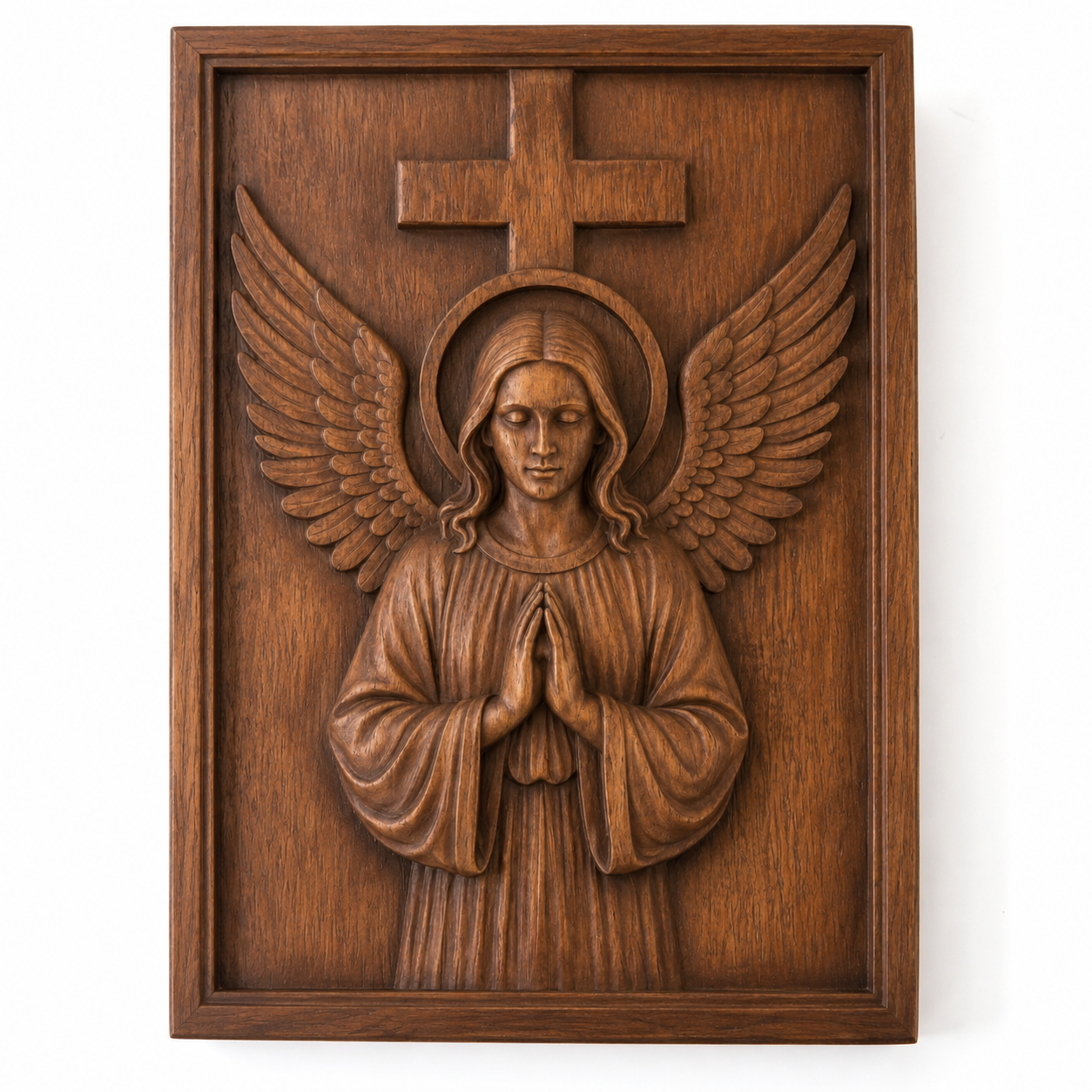 The Angel with Cross Relief STL File by Form Arcade is a Christian memorial CNC wall art design featuring an angel in prayer framed by a cross and halo—ideal for woodworking and CNC relief carving projects.
