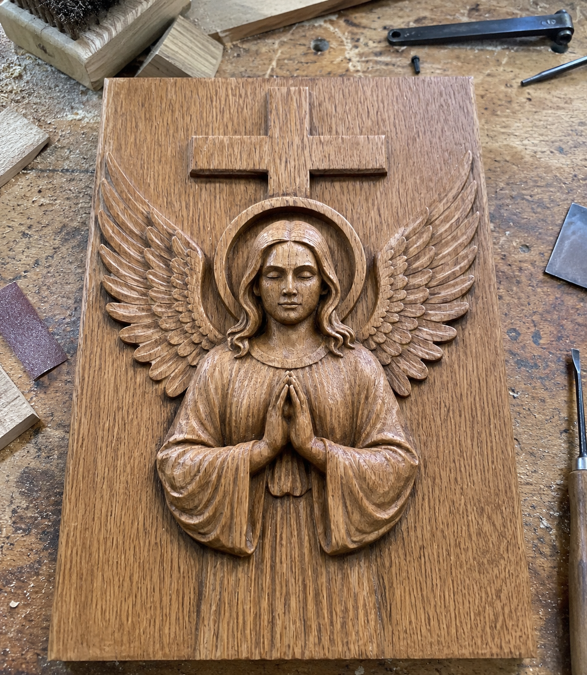 The Angel with Cross Relief STL File by Form Arcade features a CNC-ready design of a praying angel with wings and halo beneath a cross, perfect for Christian memorial wall art projects. Woodworking tools and supplies complete your workspace.