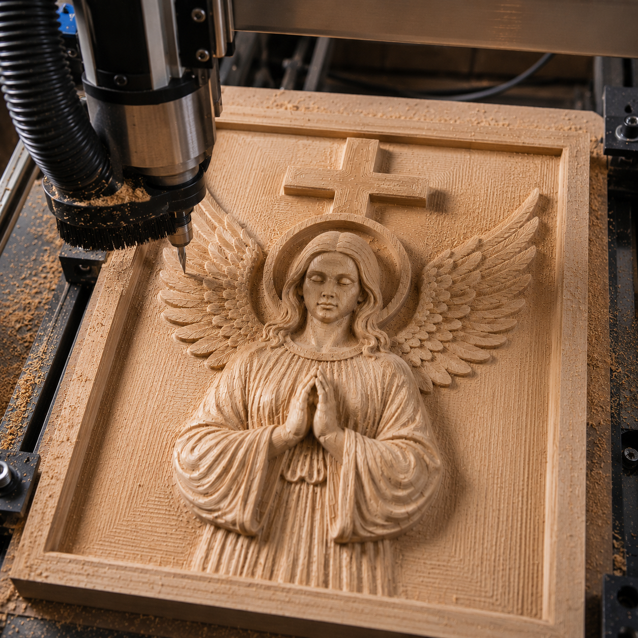 The Angel with Cross Relief STL File by Form Arcade is a Christian Memorial CNC wall art design featuring an intricately carved angel with wings, a halo, and a cross above its head.