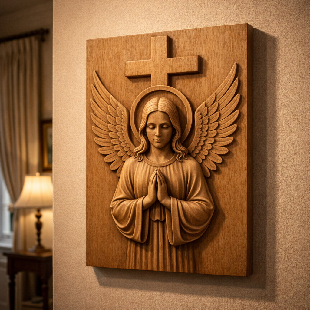 Angel with Cross relief wall art displayed in an interior room setting as a finished framed panel, helping buyers visualize the downloadable STL file as real home decor. The image highlights how the christian memorial cnc wall art works for CNC carved wood signs, framed wall panels, decorative interior accents, and custom maker projects created from the digital relief file.