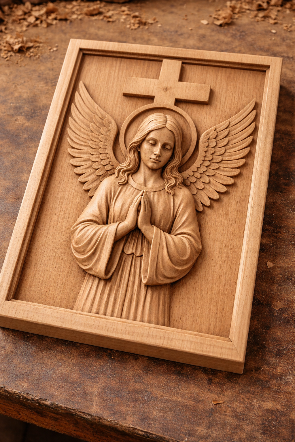 Angel with Cross relief design shown as a freshly carved CNC wood panel on a workbench, emphasizing natural grain, carving depth, and real project use from the downloadable STL file. This workshop image helps illustrate how the model performs for CNC router carving, relief woodworking, framed panel builds, sign making, and other 3D printing or custom fabrication applications.