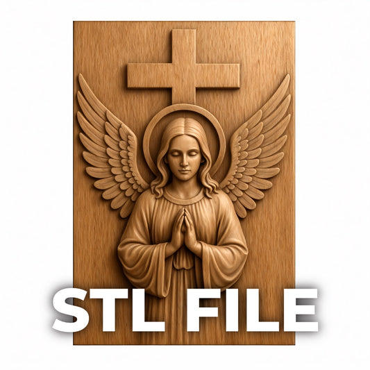 Angel with Cross relief STL file shown as the main product image with STL FILE text overlay, featuring a carved wood panel presentation that highlights the full christian memorial cnc wall art design, clean bas relief depth, layered detail, and downloadable digital file use for CNC carving, wood routing, and resin or FDM 3D printing projects.