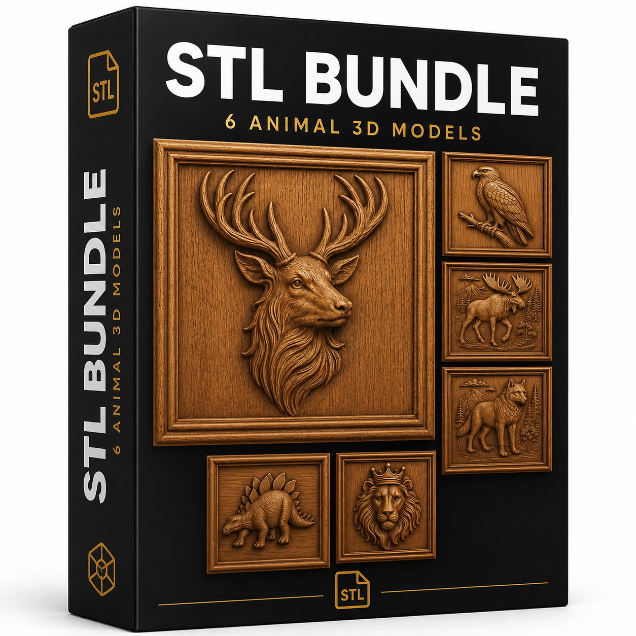 Form Arcade's Animal Portrait Collection 6-Pack STL Bundle: Wildlife CNC Relief Pack features wooden-style CNC relief carving plaques of a deer, bird, wolf, bear, dinosaur, and lion—ideal for animal portrait and wildlife projects.