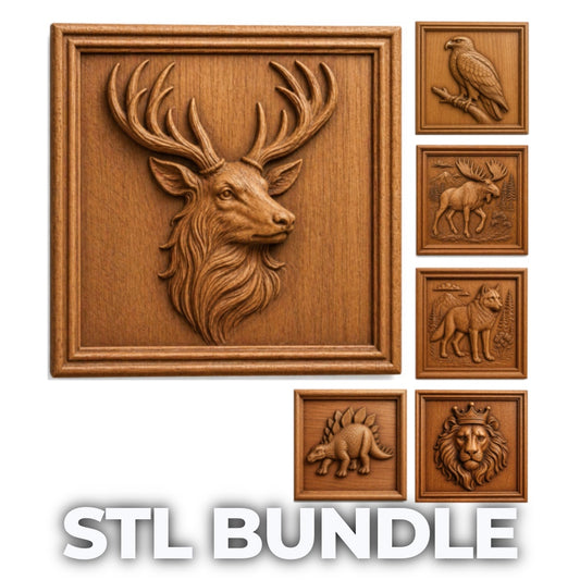 Form Arcade’s Animal Portrait Collection 6-Pack STL Bundle features carved wildlife plaques—stag, eagle, moose, wolf, stegosaurus, and lion—perfect for CNC carving or 3D printing projects; Wildlife CNC Relief Pack.
