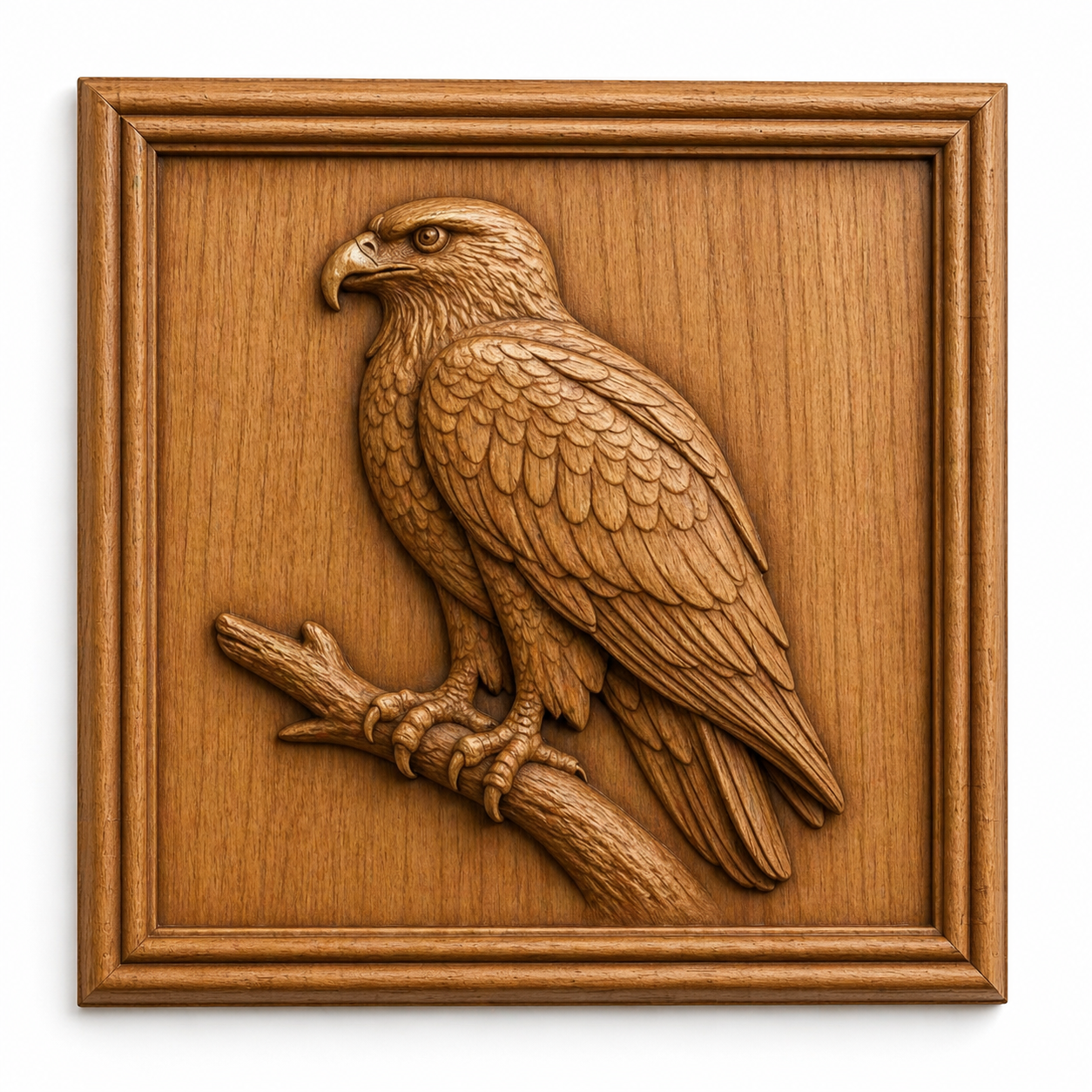 The Animal Portrait Collection 6-Pack STL Bundle by Form Arcade features a detailed CNC eagle carving on a branch, framed in wood and set against a white background—part of their Wildlife CNC Relief Pack.
