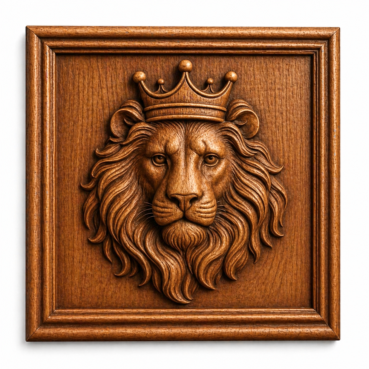 The Animal Portrait Collection 6-Pack STL Bundle by Form Arcade features a CNC relief of a crowned lion’s head in a square frame, showcasing fine detailing—ideal for wildlife-themed CNC projects and collectors.