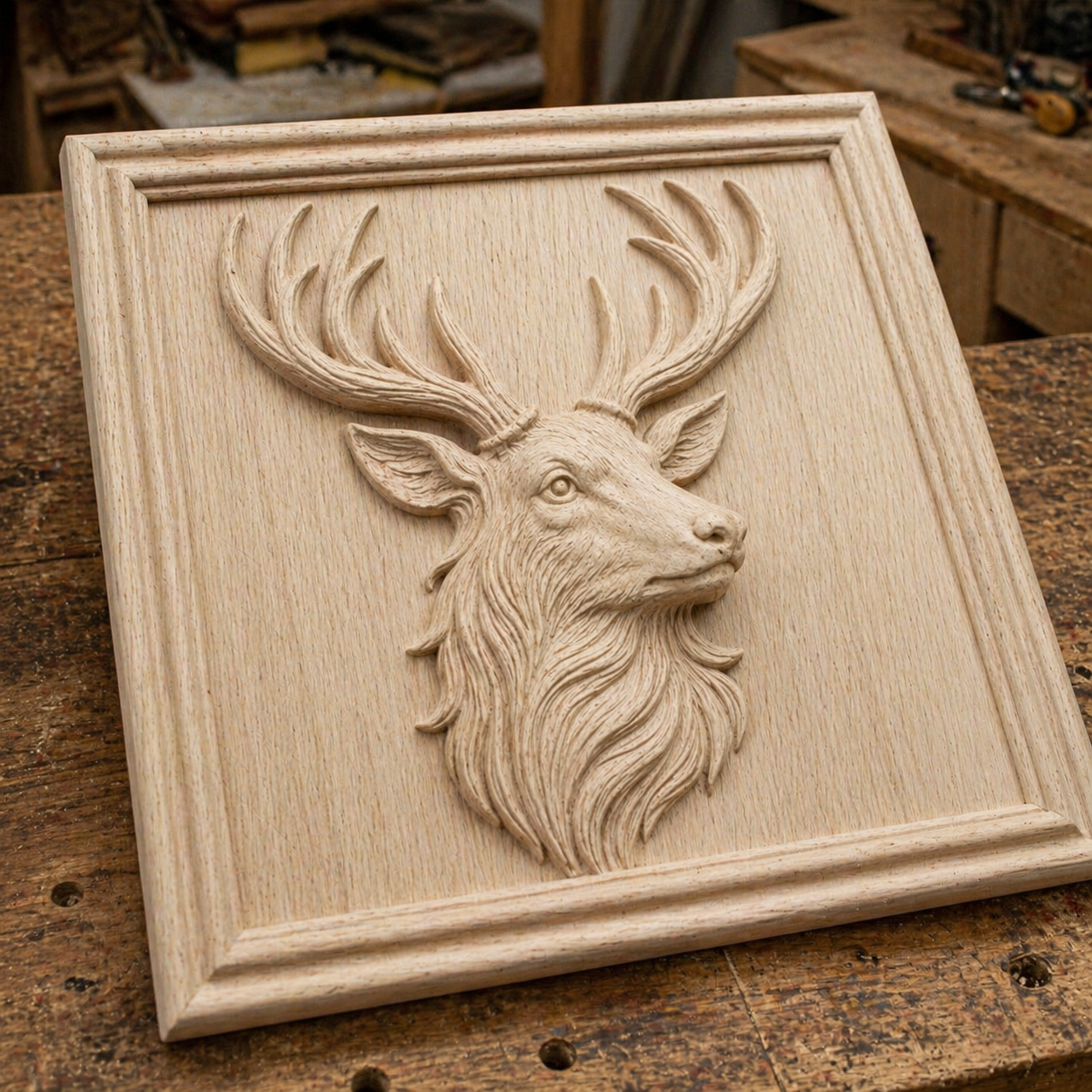 Form Arcade’s Animal Portrait Collection 6-Pack STL Bundle features detailed wildlife CNC reliefs, including a stag's head with antlers—ideal for collectors and woodworking enthusiasts.