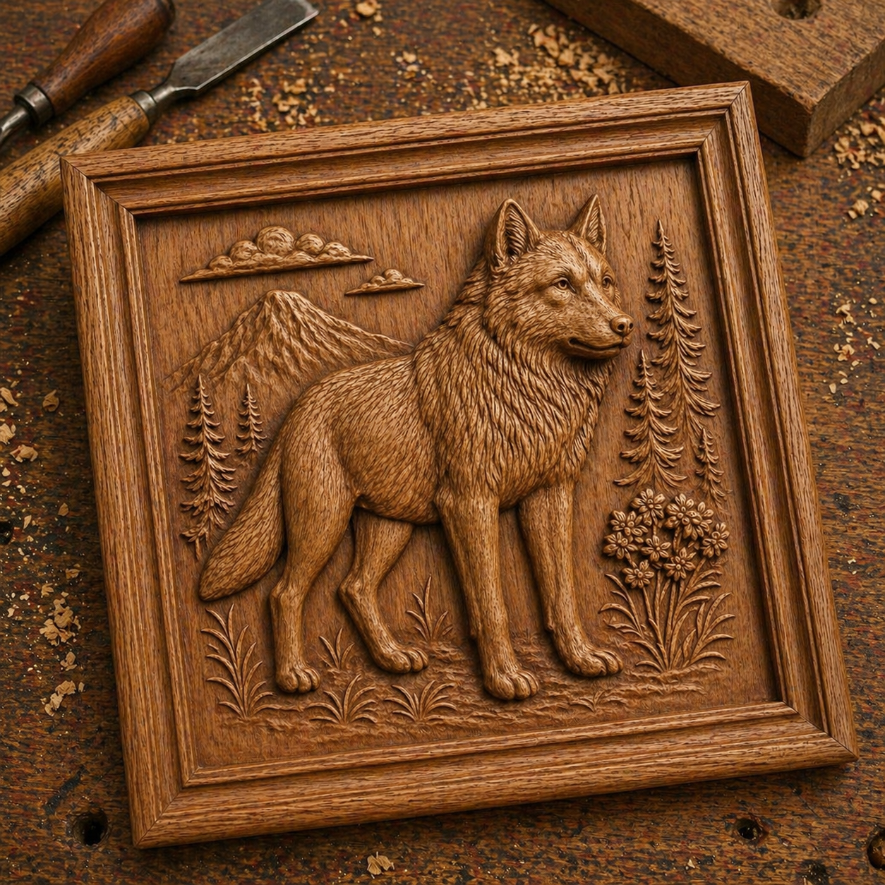 The Animal Portrait Collection 6-Pack STL Bundle by Form Arcade features detailed wildlife CNC reliefs for carving or 3D printing, including a wolf amid grass, flowers, pines, and mountains—ideal for creative makers.
