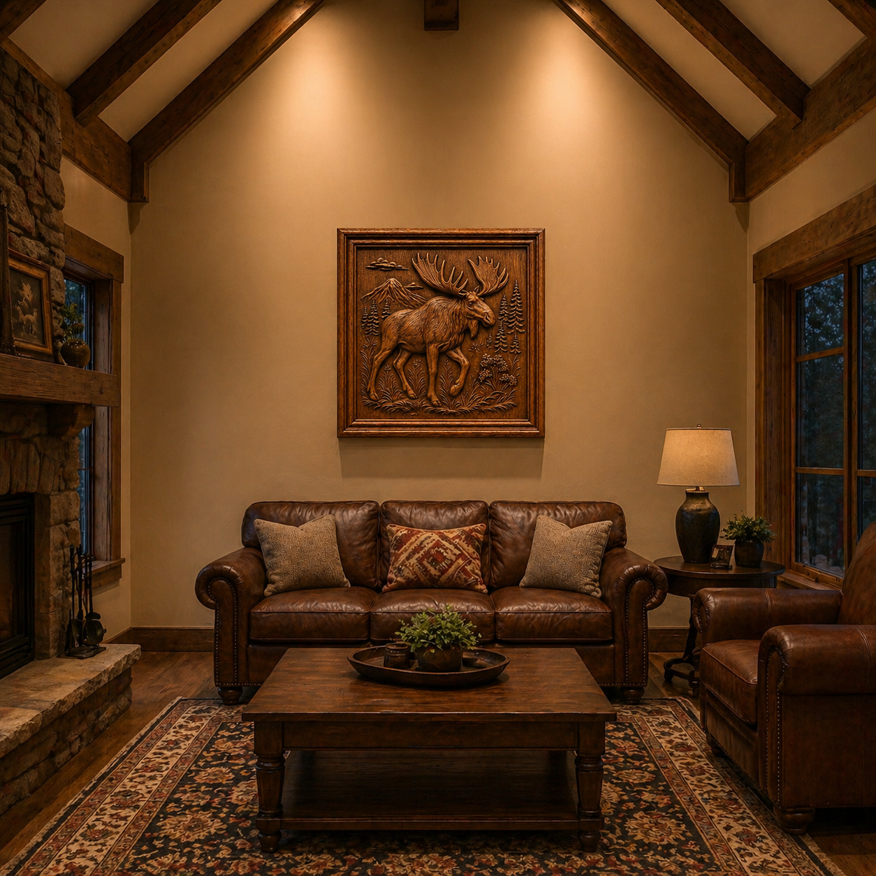 A cozy living room with a brown leather sofa, wooden coffee table, armchair, lamp, and stone fireplace. A moose relief from Form Arcade's Animal Portrait Collection 6-Pack STL Bundle hangs above the sofa. Exposed beams accent the ceiling.