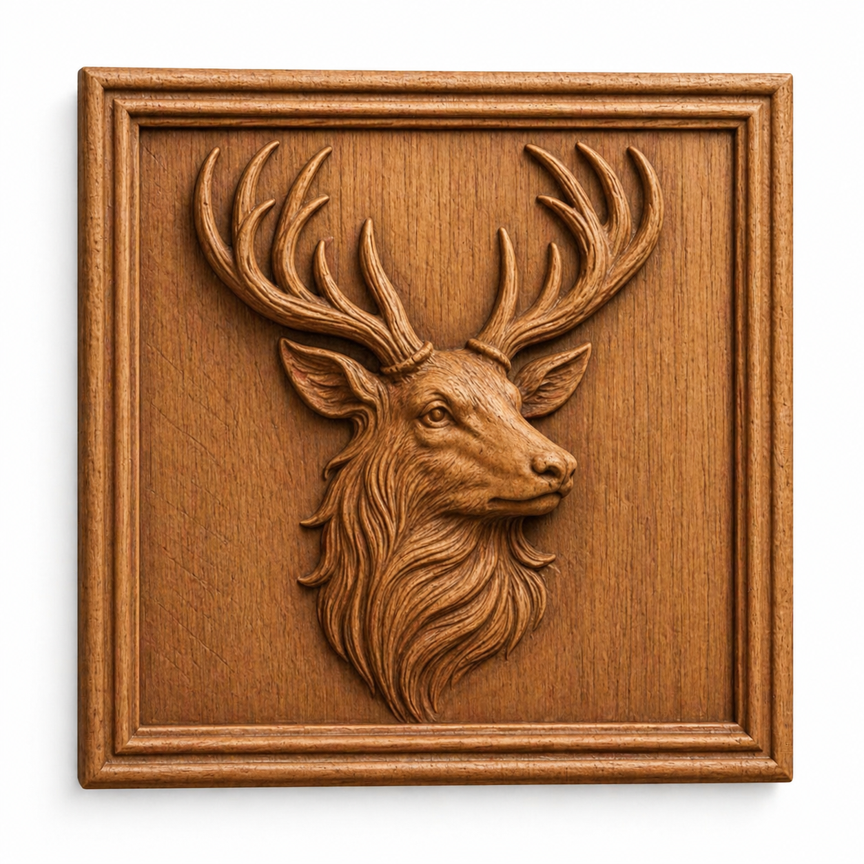 The Animal Portrait Collection 6-Pack STL Bundle by Form Arcade features detailed wildlife reliefs perfect for CNC carving or 3D printing, including a stag’s head with antlers framed by a raised border.