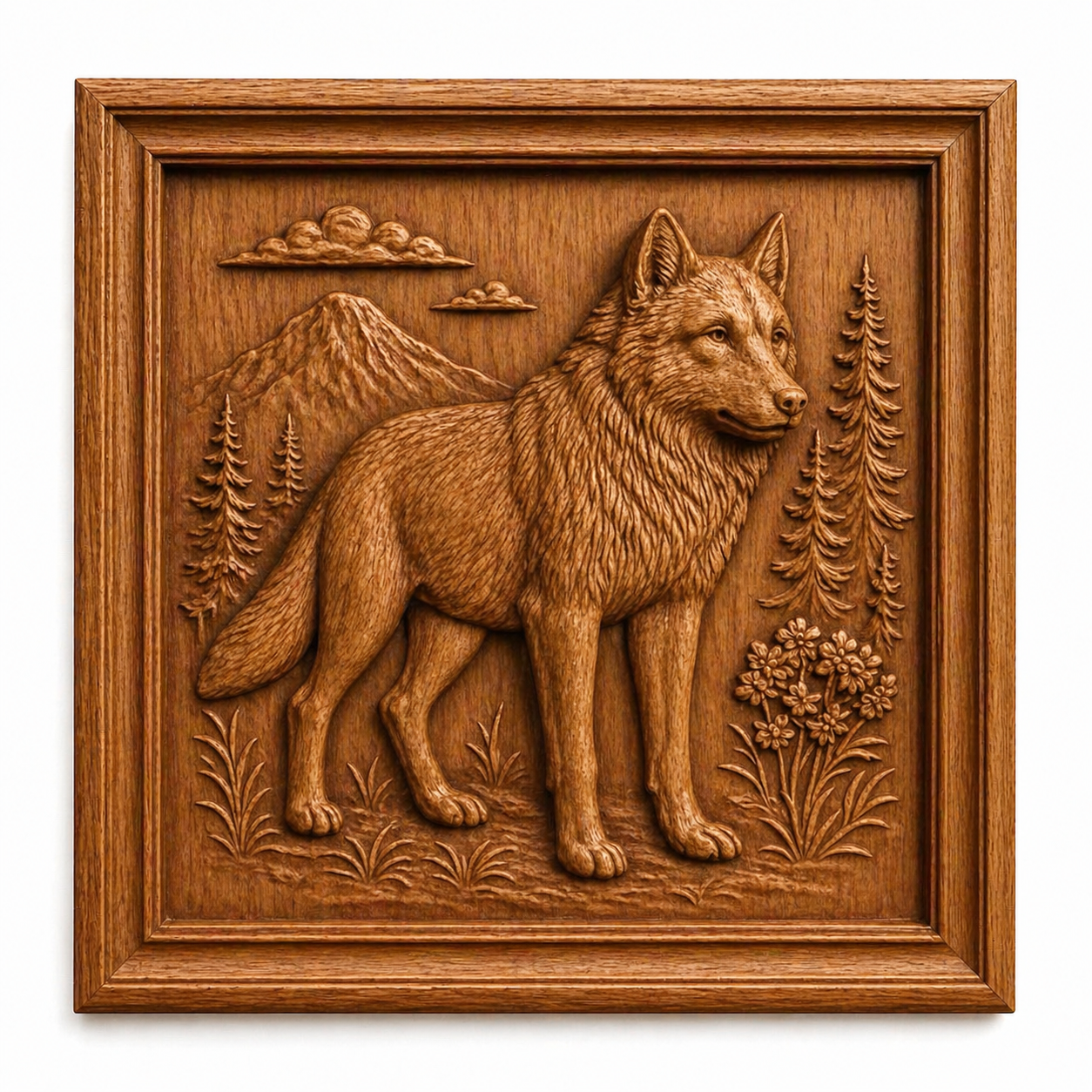 A detailed wood-carved wolf in a scenic landscape is featured in the Animal Portrait Collection 6-Pack STL Bundle by Form Arcade, perfect for CNC carving or 3D printing from this wildlife relief pack.