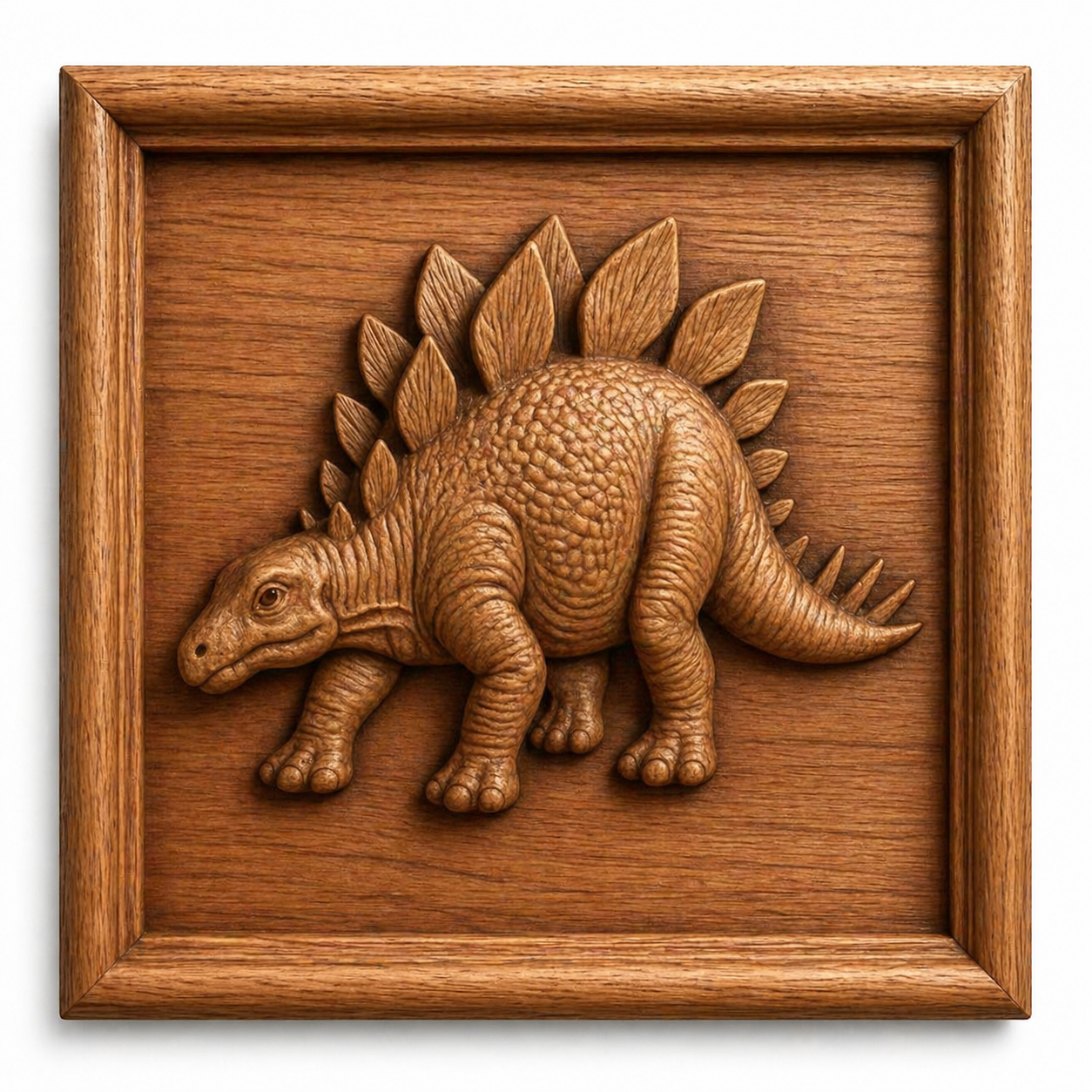 The Animal Portrait Collection 6-Pack STL Bundle by Form Arcade features detailed wildlife relief designs, including a stegosaurus with textured skin and back plates—ideal for CNC carving or 3D printing enthusiasts.