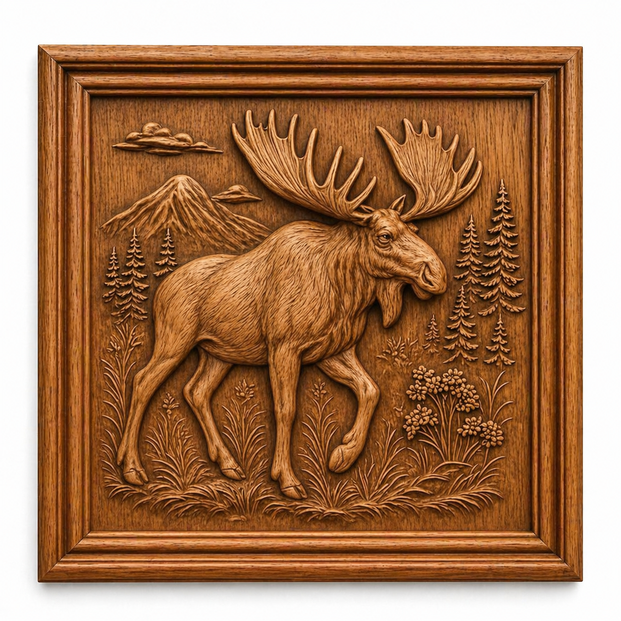 The Form Arcade Animal Portrait Collection 6-Pack STL Bundle features detailed CNC reliefs, including a moose in a forest with mountains and clouds, perfect for wildlife art projects.