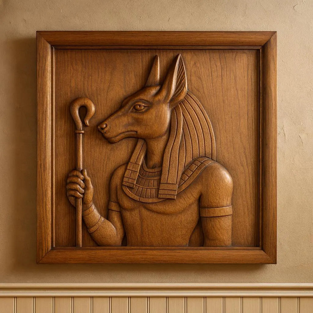 The "Anubis Egyptian God Relief STL File" by Form Arcade is a CNC wall art design featuring Anubis with a staff and striped collar, set in a square frame, perfect for creating striking Egyptian decor.