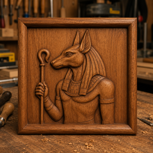 The Anubis Egyptian God Relief STL File by Form Arcade is a striking CNC wall art design, featuring the jackal-headed deity holding a staff—perfect for adding ancient Egyptian flair to your space.