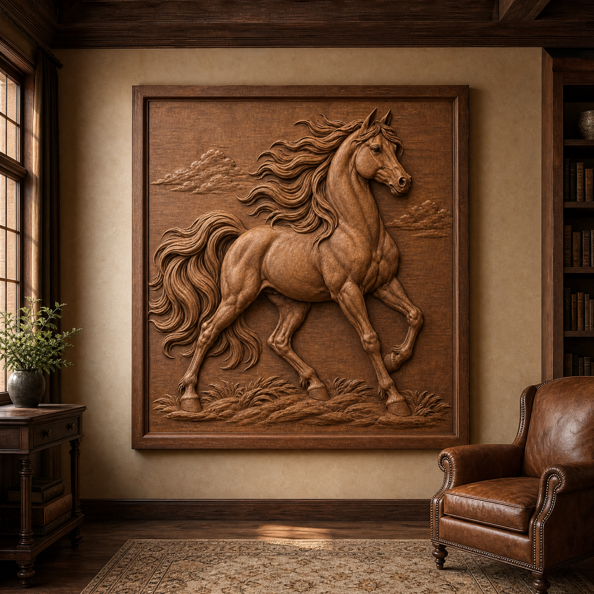 Framed Arabian horse CNC relief wall art displayed in a warm room, showing its flowing mane, clouds, grasses, and raised leg.