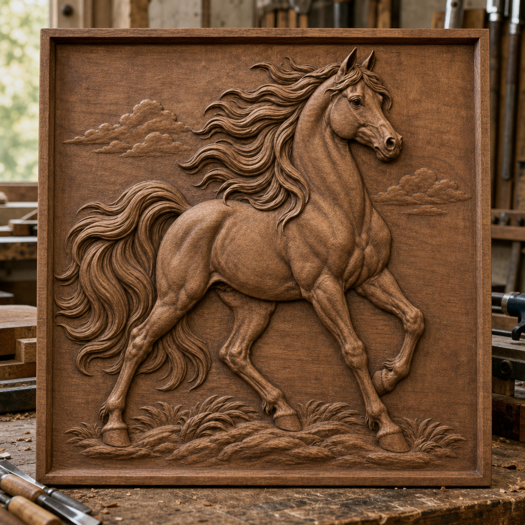 Arabian horse CNC wood relief with flowing mane, raised leg, clouds, grasses, and a bordered rectangular panel in a workshop.