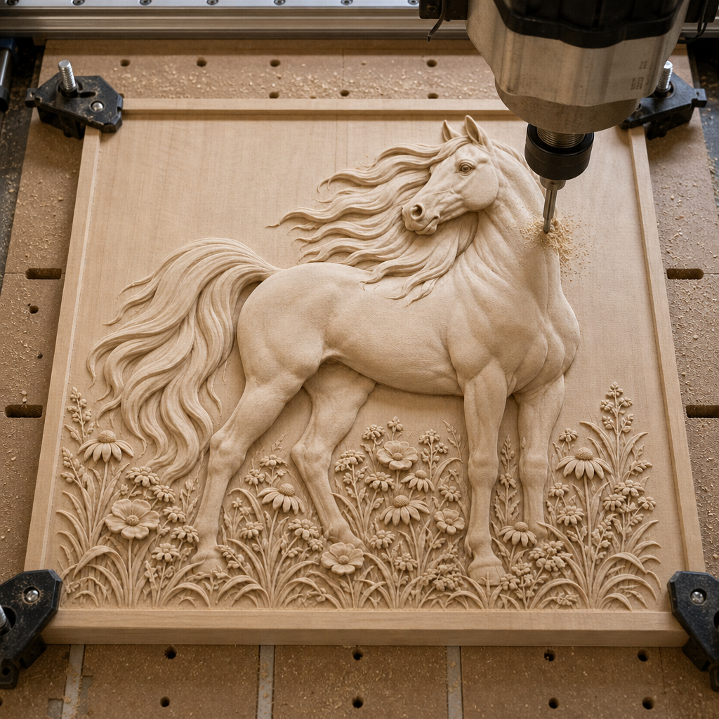 CNC router carves an Arabian horse and dense floral meadow into a light wood relief panel.