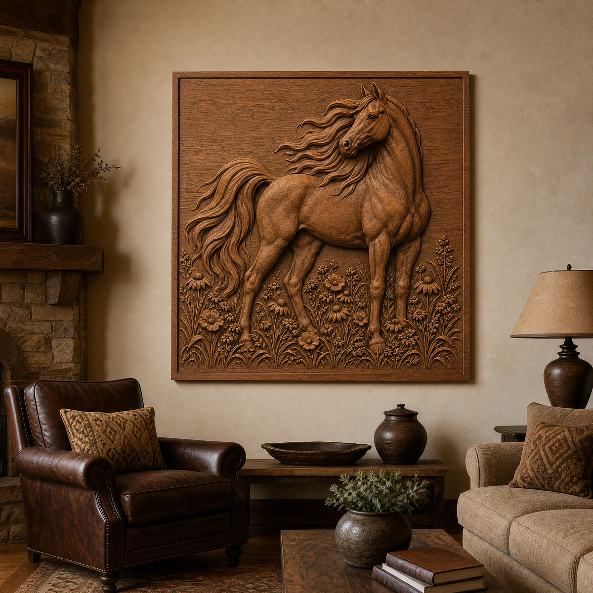 Framed CNC wood relief of an Arabian horse amid flowers and grasses, displayed above furniture in a warmly decorated room.