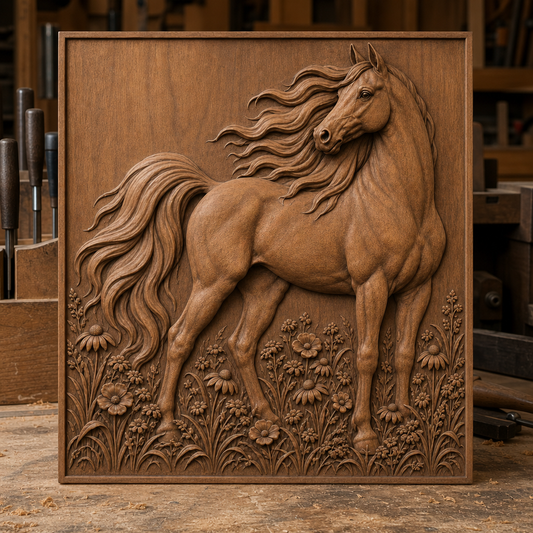Finished CNC wood relief panel showing a proud Arabian horse above detailed flowers and grasses in a rectangular frame.