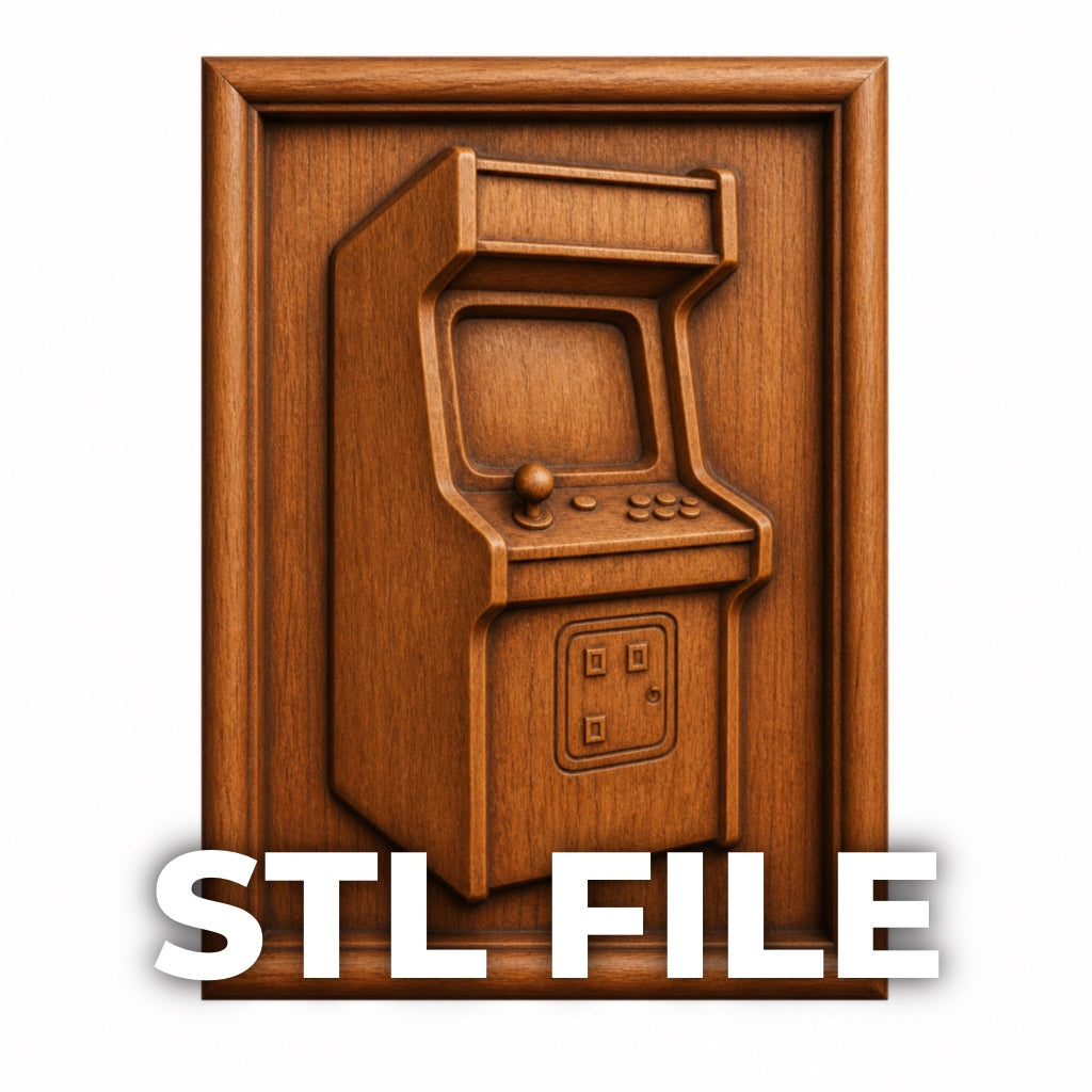 The Arcade Machine Relief STL File by Form Arcade features a carved retro arcade machine, complete with buttons and joystick—ideal for CNC wall art. "STL FILE" is displayed in bold white letters at the bottom of the image.