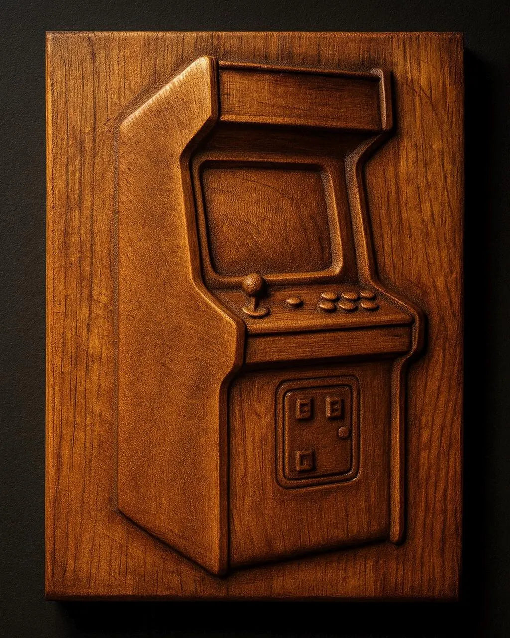 The Form Arcade "Arcade Machine Relief STL File | Retro CNC Wall Art" features a detailed wooden carving of a classic arcade machine, complete with joystick and button controls on a rectangular plaque.