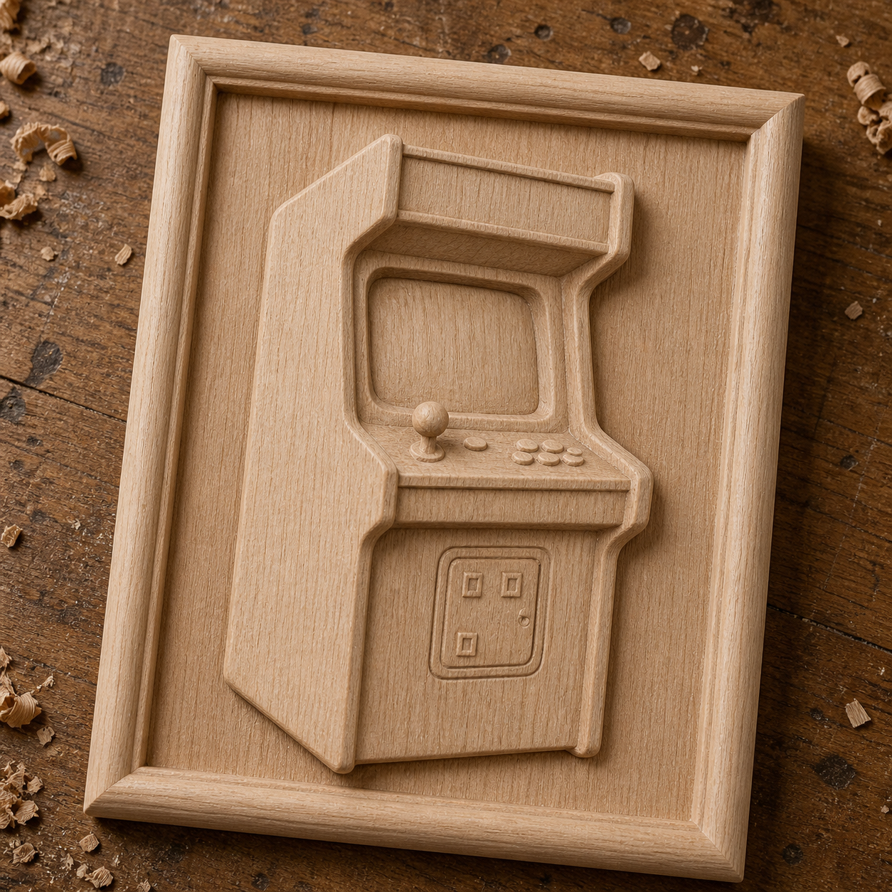 The Arcade Machine Relief STL File by Form Arcade is a retro CNC wall art design featuring a classic arcade machine, framed on wood and accented with wood shavings.