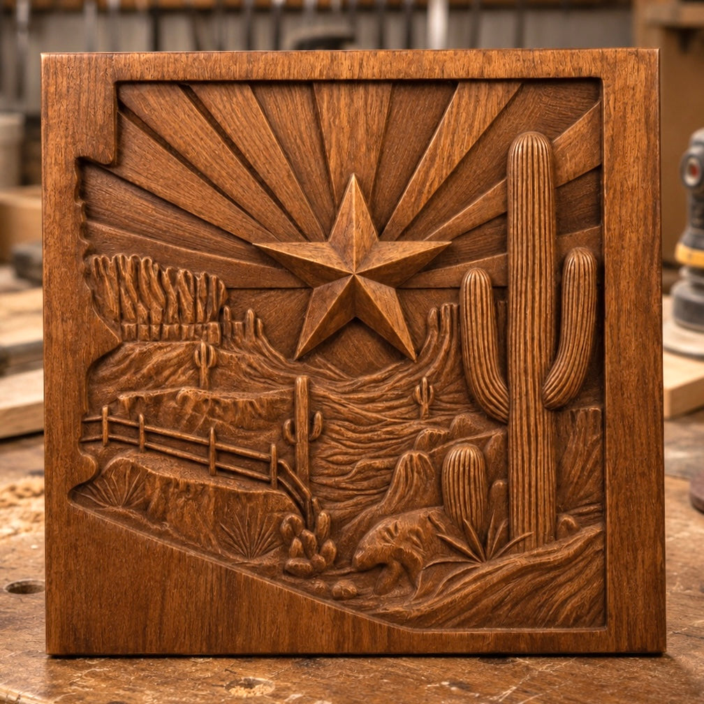 Introducing the Arizona Desert Star CNC Relief STL File | Southwest Cactus CNC Wall Art by Form Arcade—a detailed bas relief digital design featuring a desert landscape with cacti, a star, fence, and rolling hills set within Arizona’s silhouette. Perfect for CNC relief carving or woodworking projects.