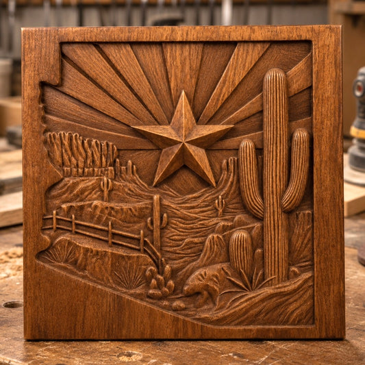 Introducing the Arizona Desert Star CNC Relief STL File | Southwest Cactus CNC Wall Art by Form Arcade—a detailed bas relief digital design featuring a desert landscape with cacti, a star, fence, and rolling hills set within Arizona’s silhouette. Perfect for CNC relief carving or woodworking projects.
