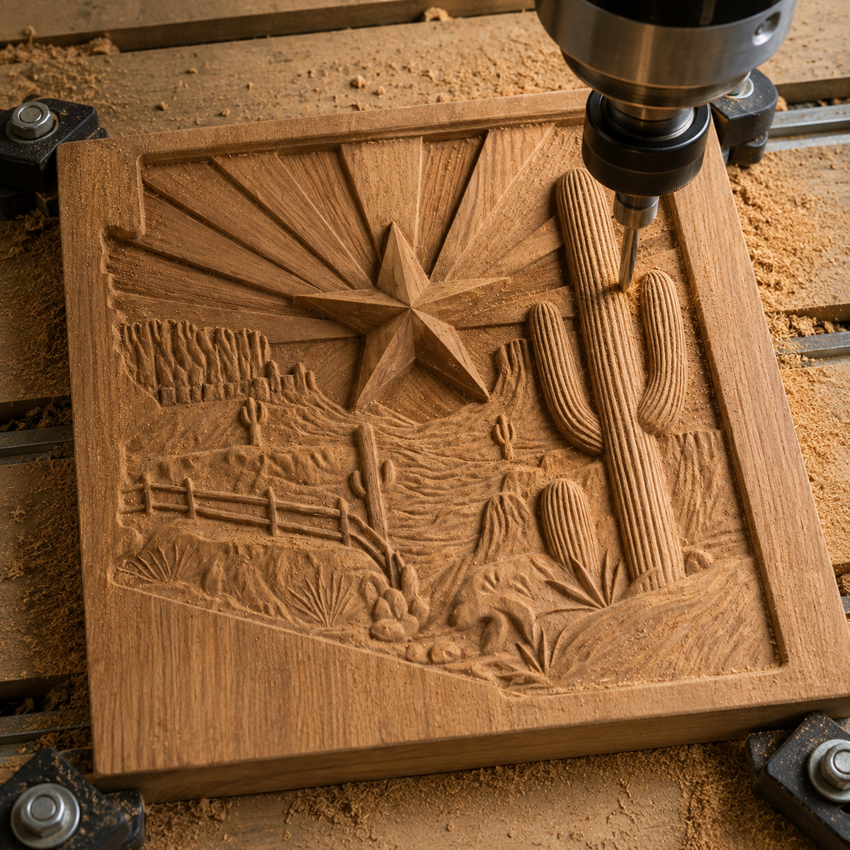 A CNC relief carving machine from Form Arcade crafts the “Arizona Desert Star CNC Relief” wooden plaque in bas relief, showcasing a star, mountains, cacti, a fence, and desert scenery. Wood shavings from the carving process surround the artwork on the workspace.