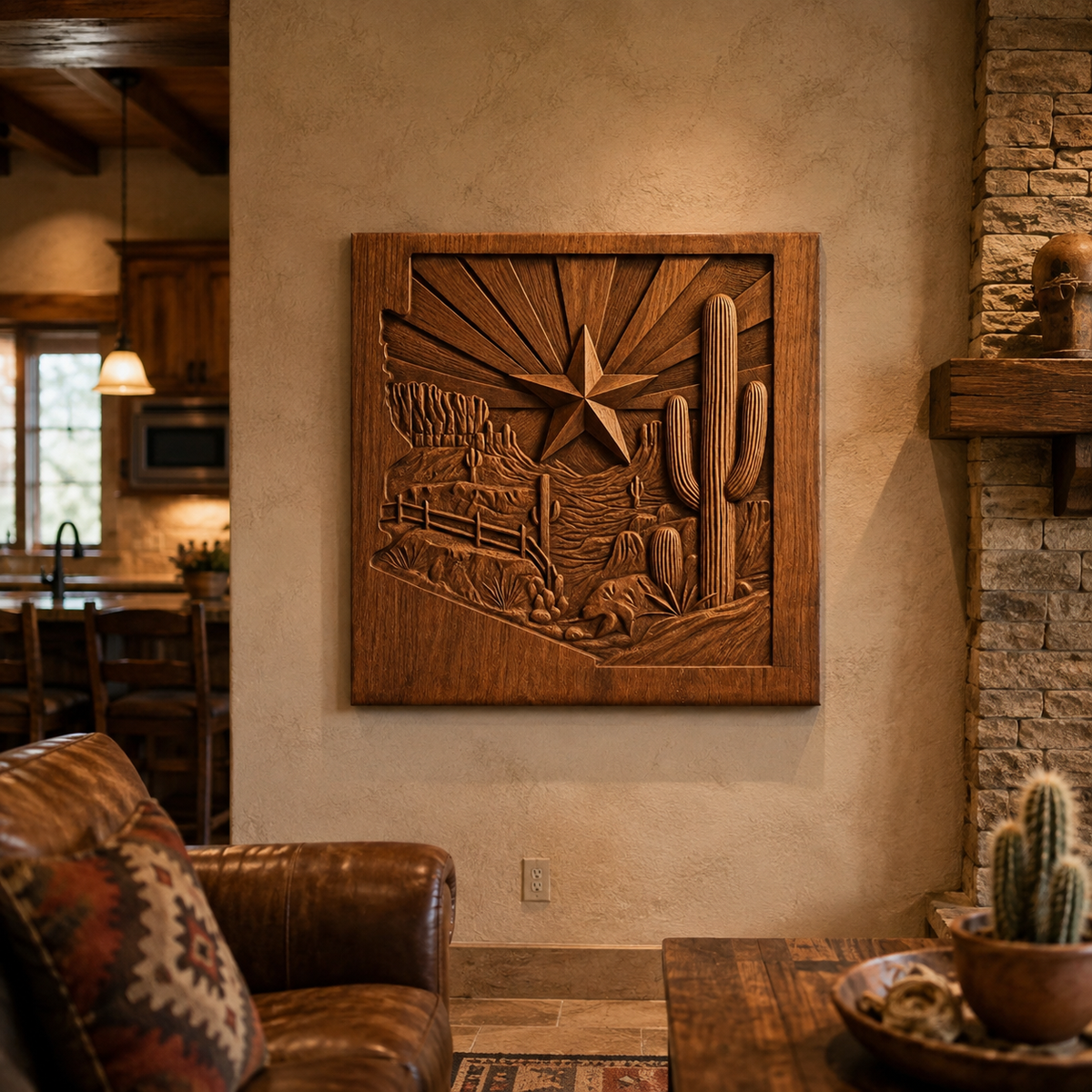 The Arizona Desert Star CNC Relief STL File by Form Arcade—a beautifully designed piece of Southwest cactus wall art—brings together a star, cacti, a fence, and an evocative desert landscape in detailed CNC relief carving, making it the perfect addition to a cozy Southwestern-style living room with rustic decor.