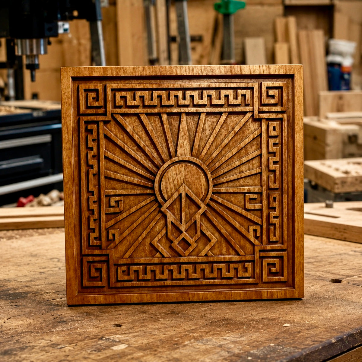 A square wooden panel created from the "Art Deco Sun Symbol Relief STL File | Geometric CNC Wall Art" by Form Arcade stands on a workbench in a woodworking shop, surrounded by tools and wooden planks—a beautiful example of CNC relief carving for woodworking projects.