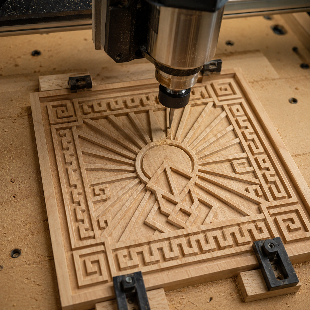 A CNC machine skillfully engraves an elaborate geometric and sunburst motif—based on the "Art Deco Sun Symbol Relief STL File | Geometric CNC Wall Art" by Form Arcade—into a square wooden panel held by clamps on a workbench, showcasing an exquisite woodworking project created with CNC relief carving.