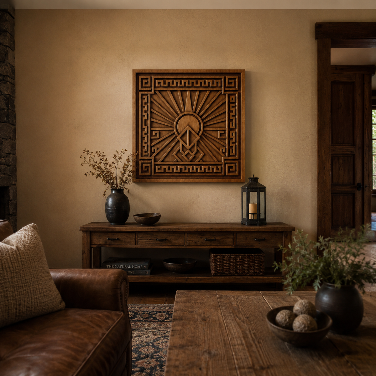 A cozy living room features a wooden coffee table, tan couch, rustic sideboard, and decorative vases. Above the sideboard hangs a large geometric wall art crafted from the “Art Deco Sun Symbol Relief STL File” by Form Arcade—an eye-catching CNC woodworking accent. Natural light spills in from an open doorway, making this inviting space perfect for displaying unique relief carvings or showcasing your favorite Form Arcade creations.