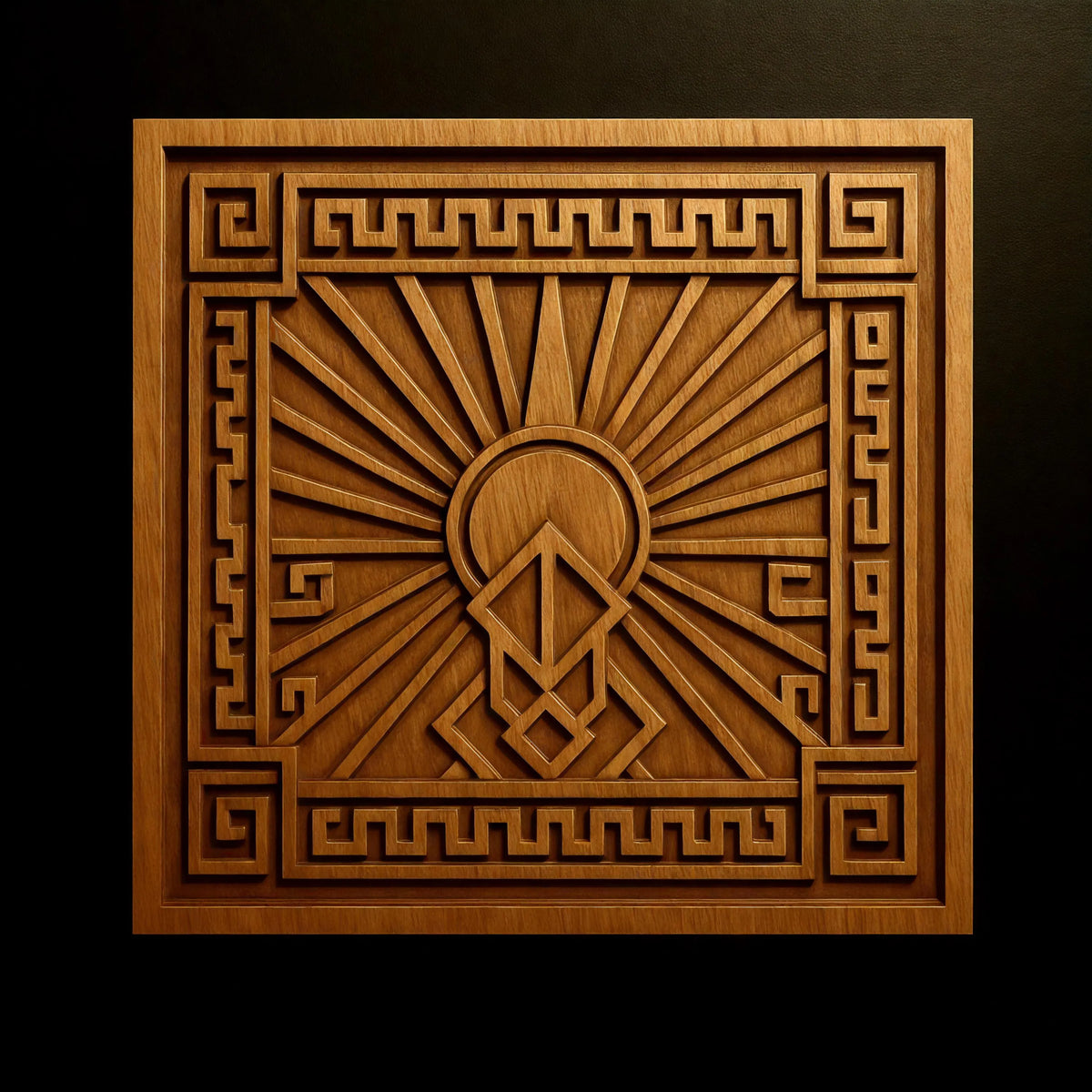 The Art Deco Sun Symbol Relief STL File | Geometric CNC Wall Art by Form Arcade showcases an intricately designed square wooden carving, featuring geometric patterns such as a radiant sunburst and a central abstract motif, all framed by a classic repeating Greek key border. Set against a dark background, this striking piece exemplifies expert craftsmanship and echoes Art Deco design elements.