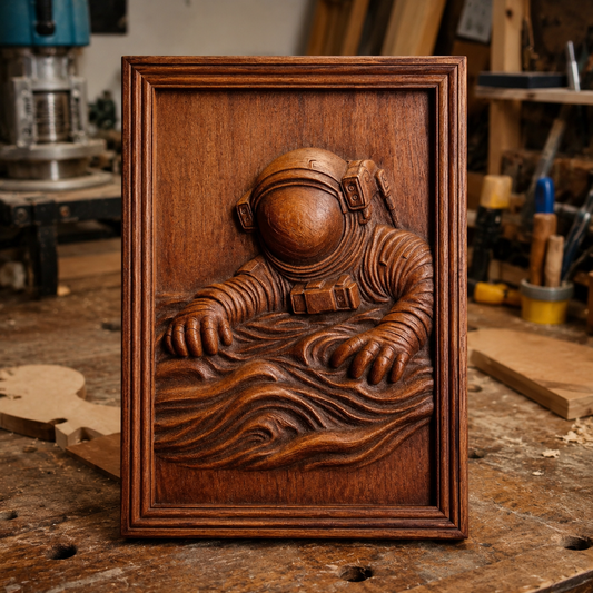 A wooden “Astronaut Falling CNC Relief” carving by Form Arcade features an astronaut emerging from wavy lines, displayed framed and standing on a workbench in a woodshop surrounded by tools and sawdust. This unique Space CNC Wall Art is perfect for your next CNC carving project or as inspiration to create your own STL file.