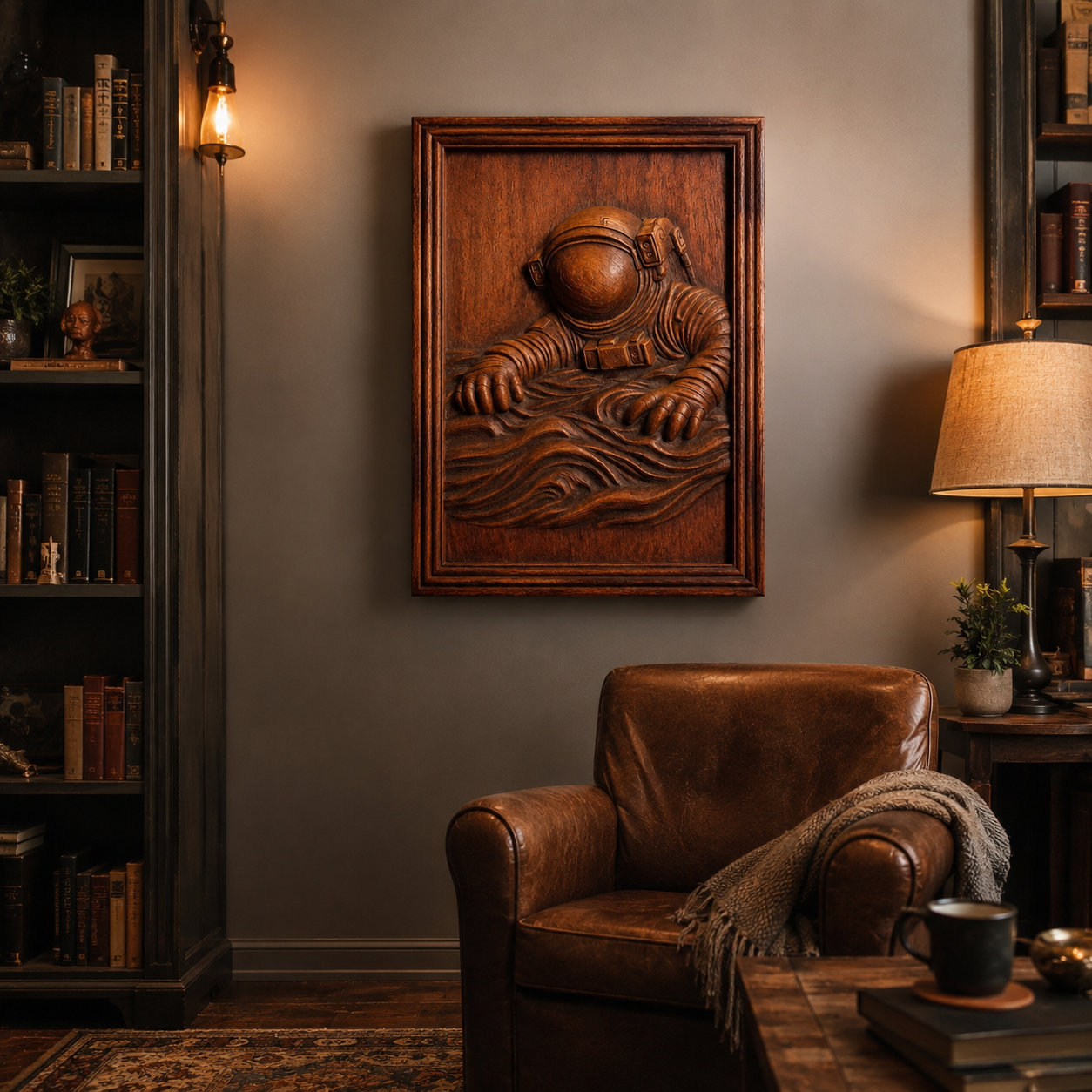 A cozy study with a leather armchair, bookshelves, a lamp, and the "Astronaut Falling CNC Relief STL File | Space CNC Wall Art" by Form Arcade—a framed wooden relief artwork depicting an astronaut above waves—hanging on the wall, perfect for woodworking projects.