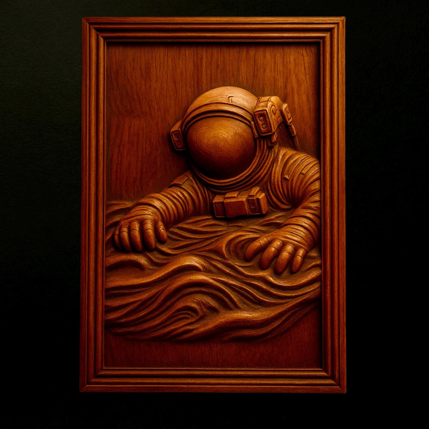 Crafted by Form Arcade, the "Astronaut Falling CNC Relief STL File | Space CNC Wall Art" features a detailed astronaut with outstretched arms emerging from stylized waves, beautifully designed for woodworking projects. This relief is set within a rectangular wooden frame and displayed against a black background.